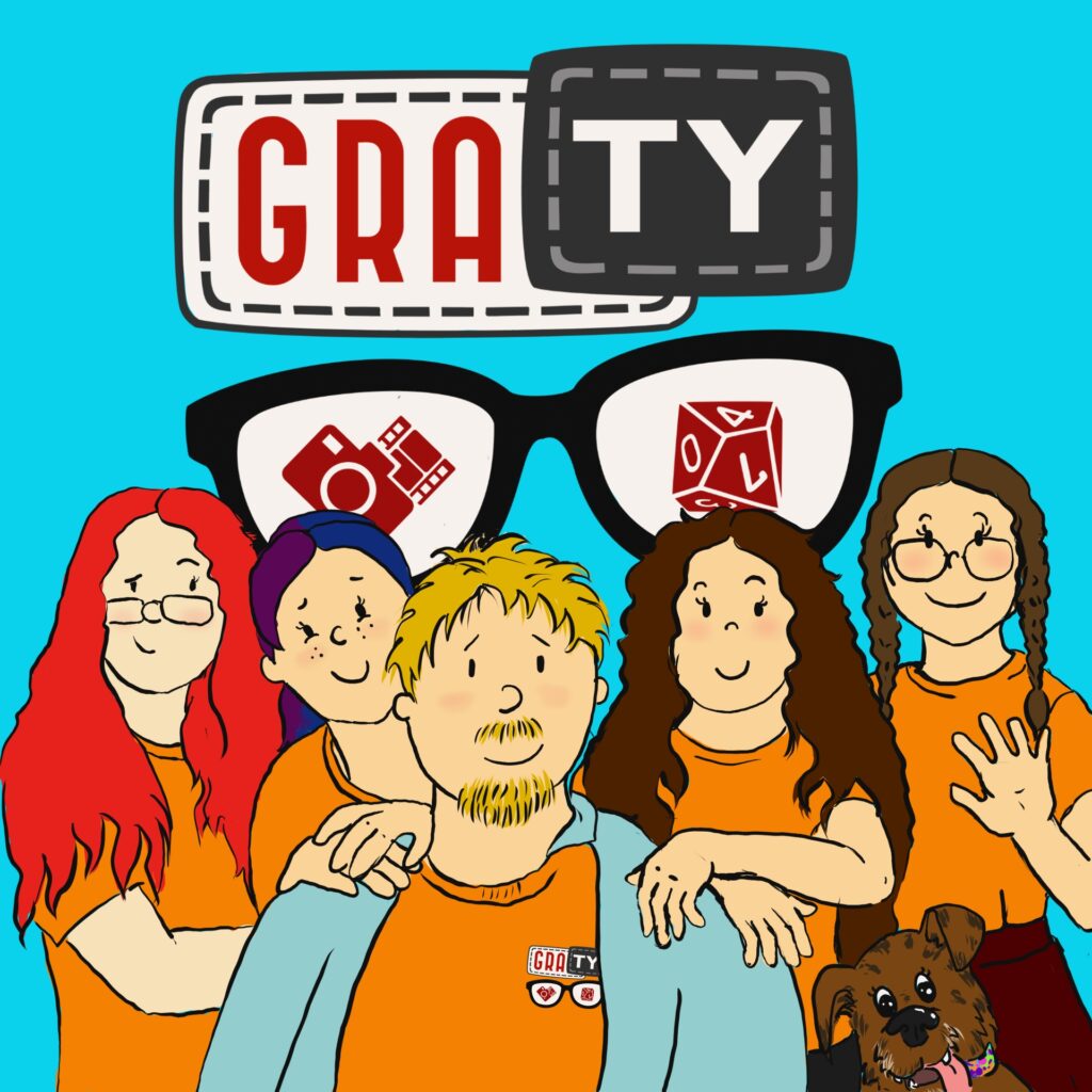 Na obrazku widać ekipę Fundacji GraTy jako komiksowe, uśmiechnięte postaci. W tle widać logo Fundacji GraTy