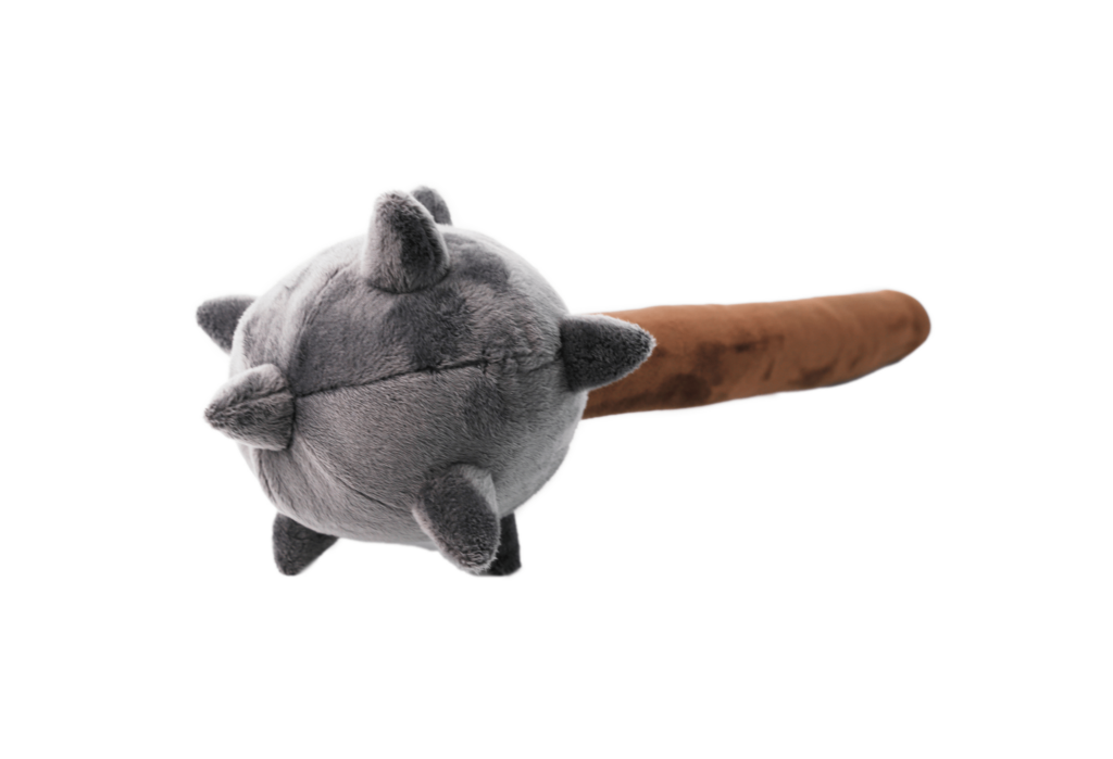 Pluszowy morgenstern: ciemnoszara, kulista głowica z wystającymi kolcami, połączona z brązową, pluszową rękojeścią, leżący na białym tle.