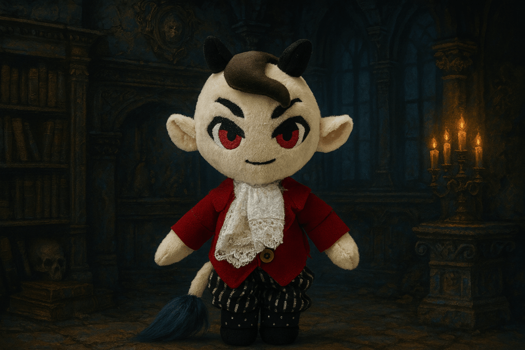 Maskotka Boruty – pluszowy duszek z rogami i ogonem, w czerwonej szlacheckiej kamizeli, białej koronce i pasiastych spodniach, stojący w mrocznej komnacie oświetlonej świecami.