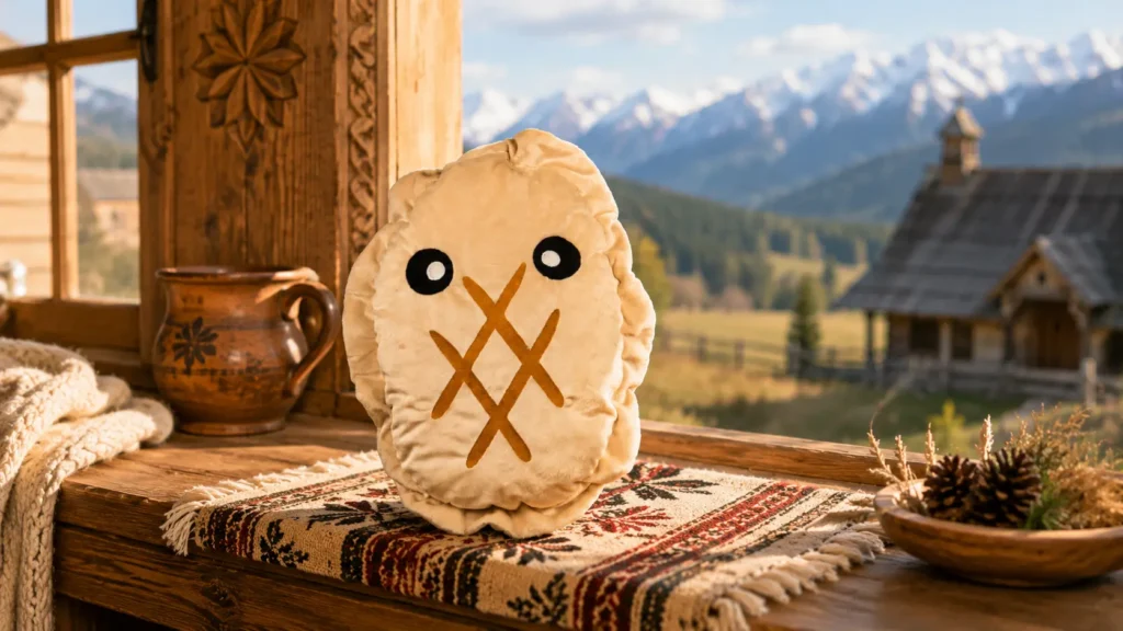 Pluszowy oscypek z haftowanymi oczami i charakterystycznym wzorem sera góralskiego ustawiony na drewnianym stole w góralskiej chacie, z widokiem na Tatry w tle.
