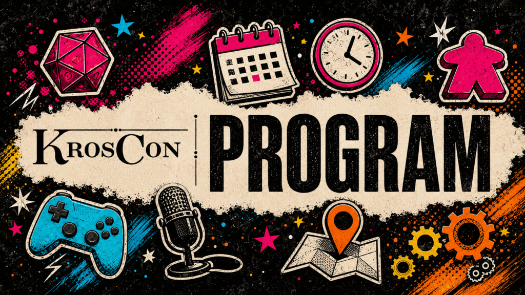 Program KrosCon 2026 – kostka RPG, kalendarz, zegar, pionek, kontroler, mikrofon, mapa i koła zębate.